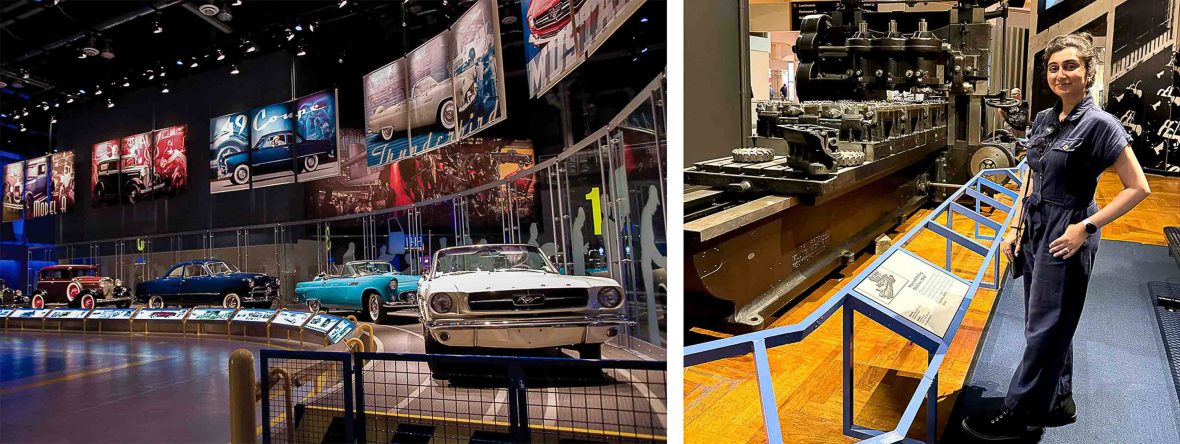 Left: Cars on display in a museum. Right: A woman stands in a museum surrounded by car mechanics parts.