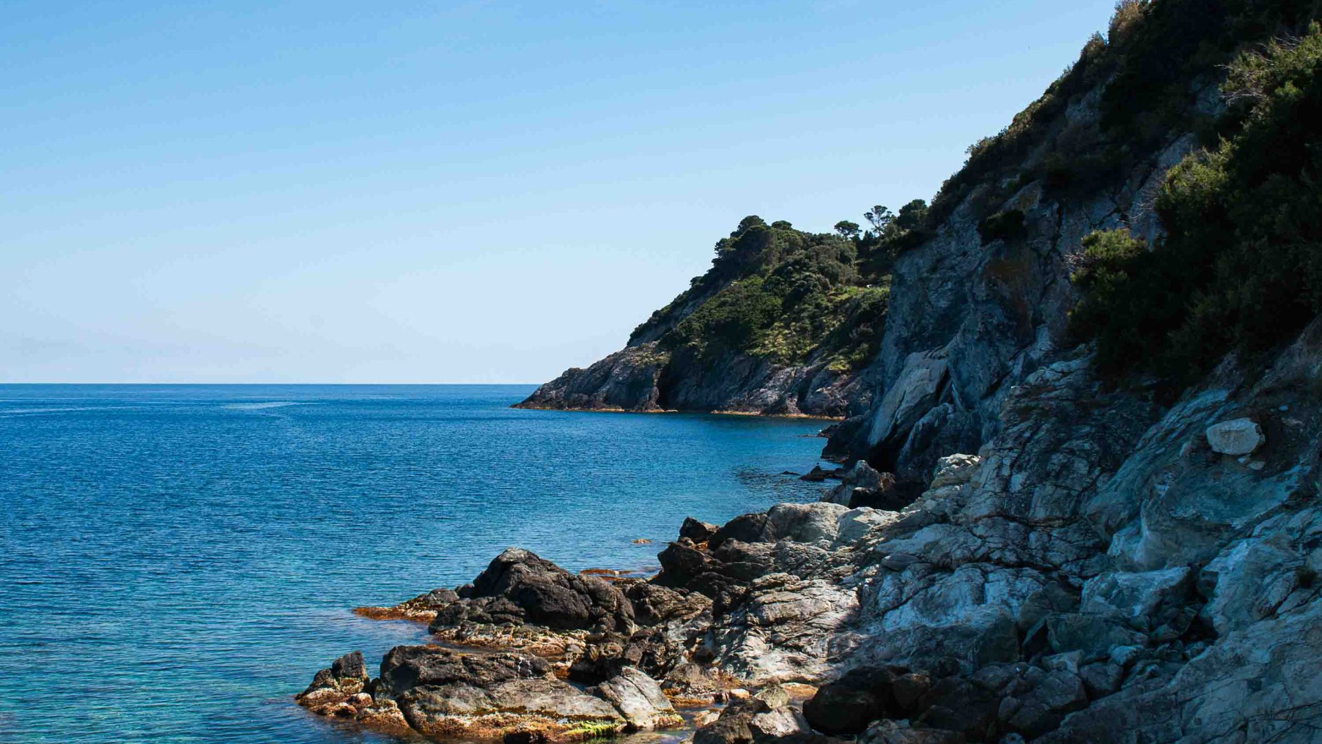 Rocky cliffs drop down to blue sea.