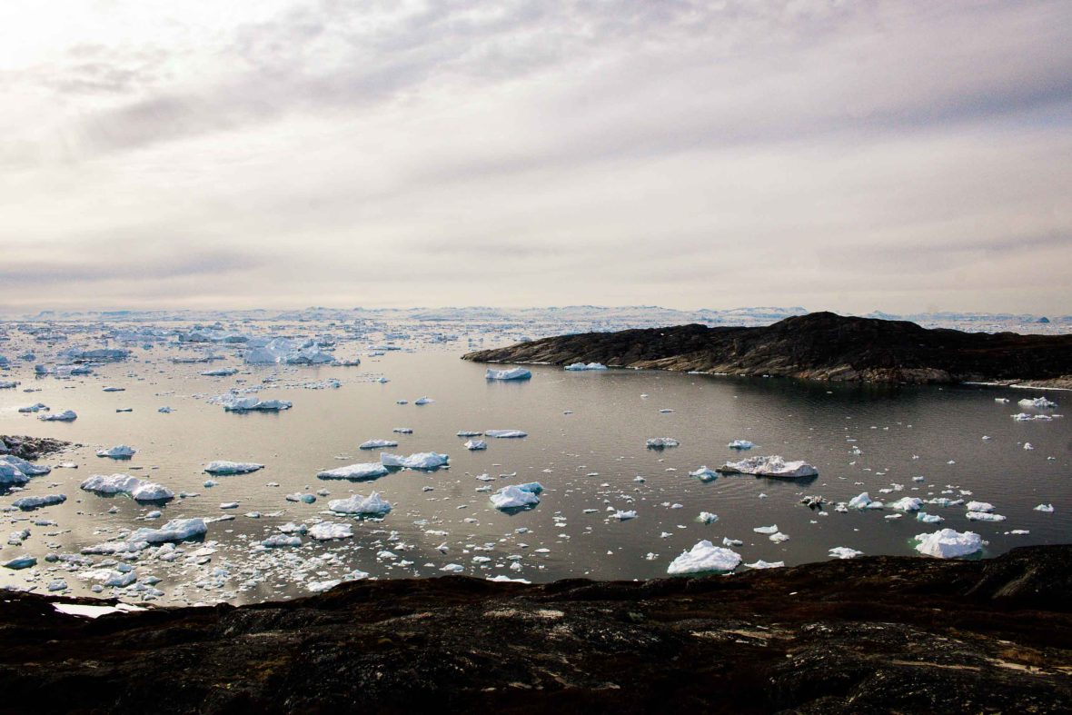 Icebergs dot the water.