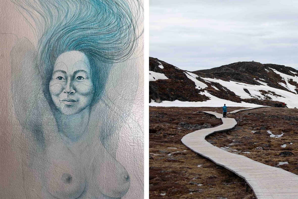 Left: The Mother of the Sea illustration. Right: A boardwalk winds through arid hills.