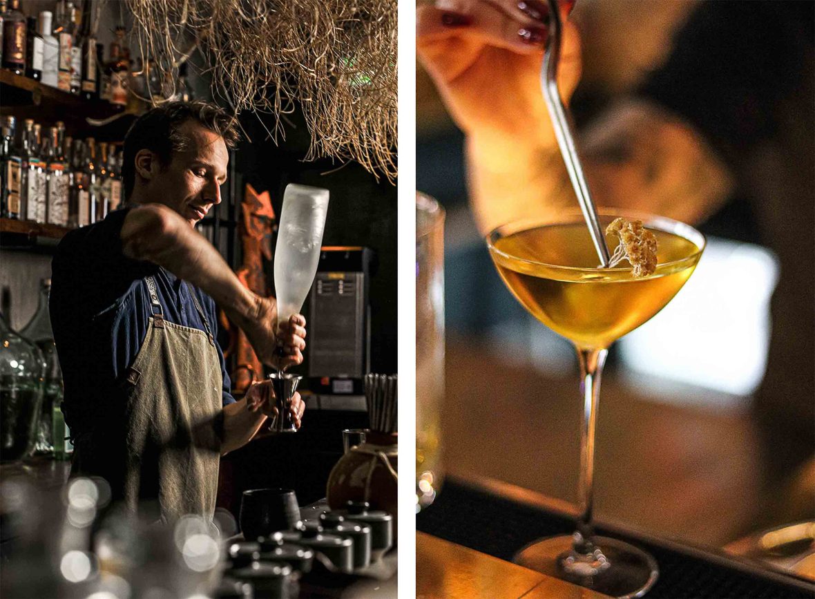 Left: A man mixes a drink. Right: A cocktail made of pox.