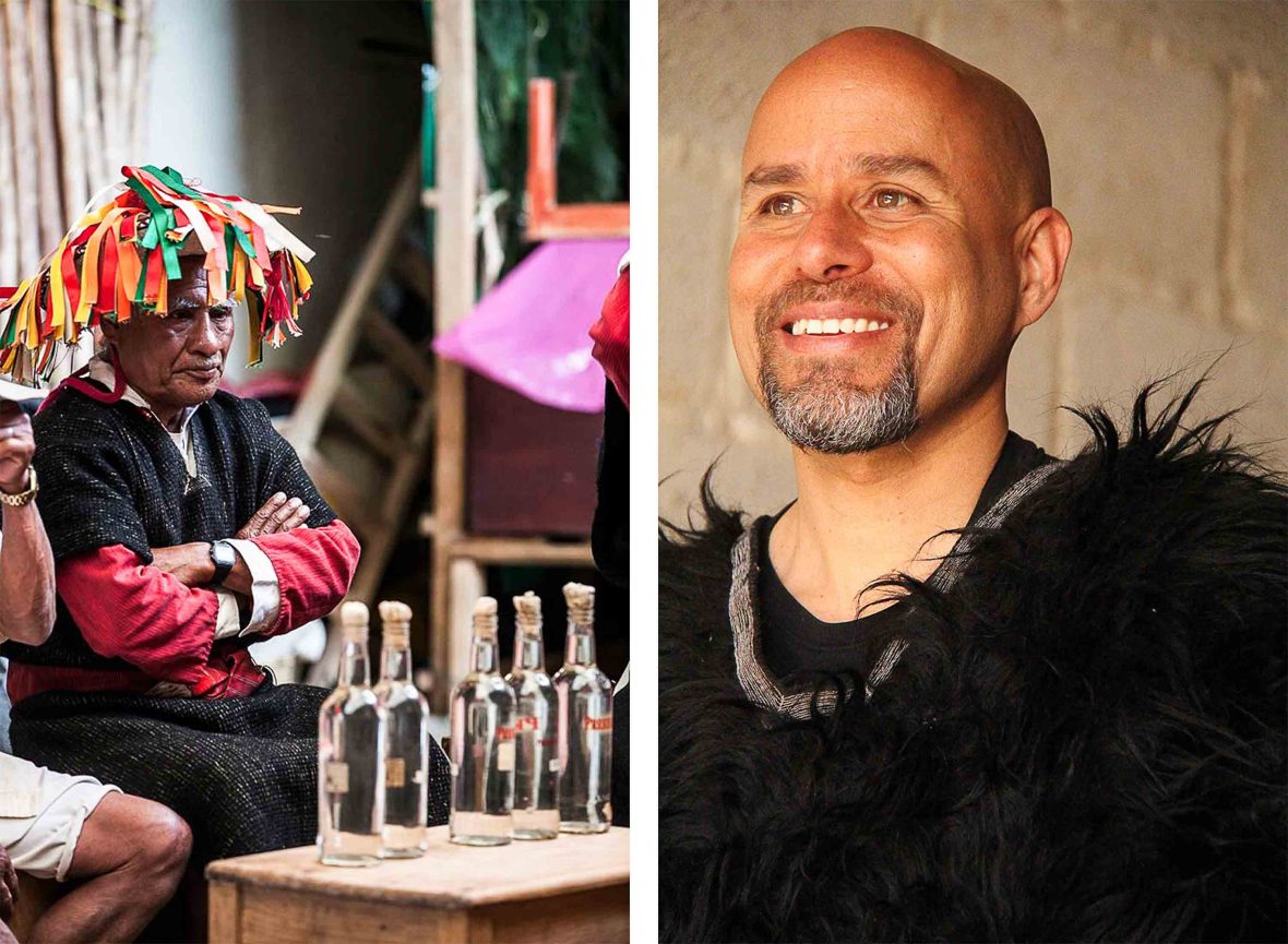 Left: An Indigenous man sits by bottles of pox. Right: A bald man in a black top smiles.