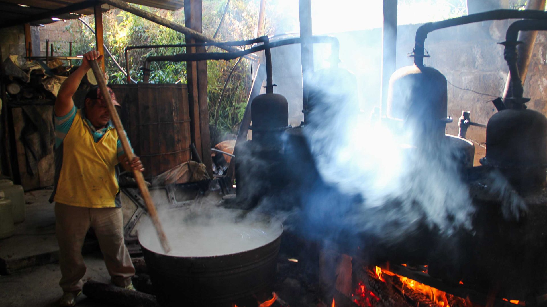 A man stirs liquid over a fire during the process to make pox.