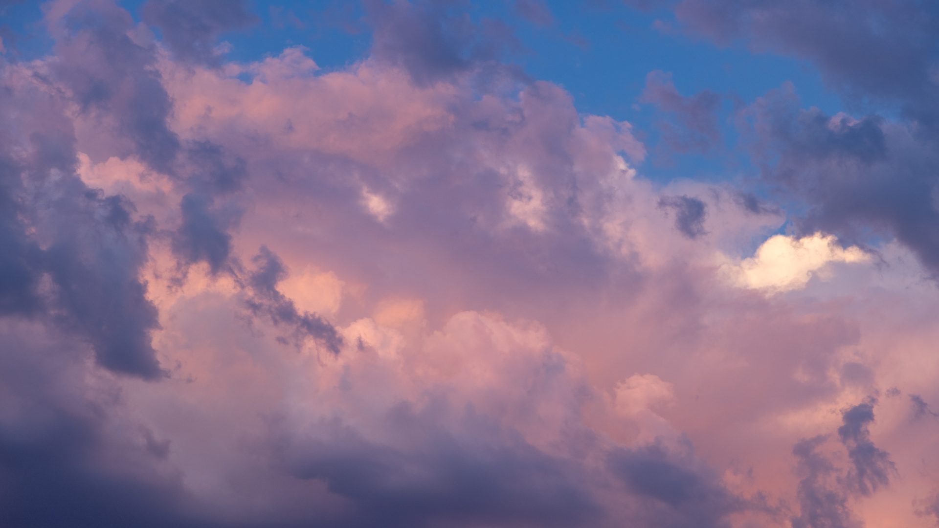 Pink clouds scattered across a blue sky