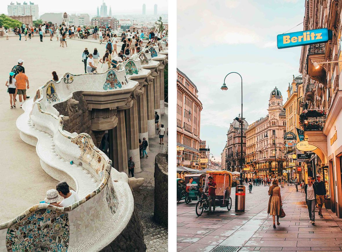 Left: Tourists looking at features of a mosaic park. Right: People in a paved street with buildings.