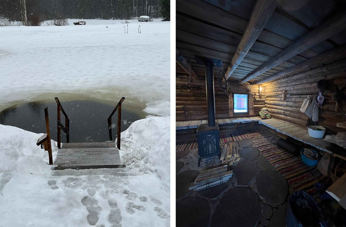 Left: Steps lead down into icy water. Right: The interior of a smoke sauna.