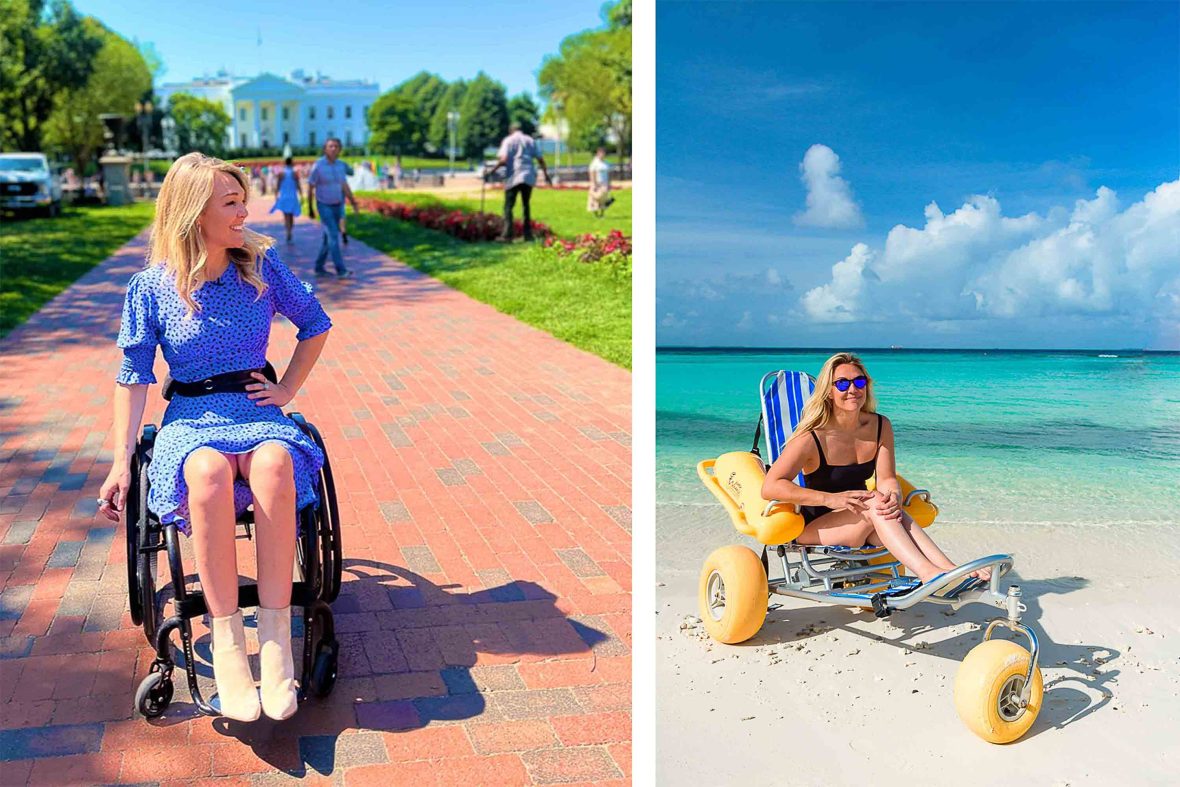 Left: Sophie in front of the White House. Right: Sophie in a beach wheelchair.