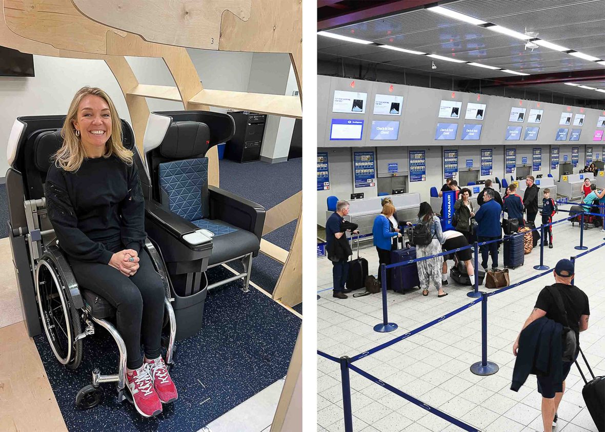 Left: Sophie demonstrates an inclusive chair. Right: A check in queue.