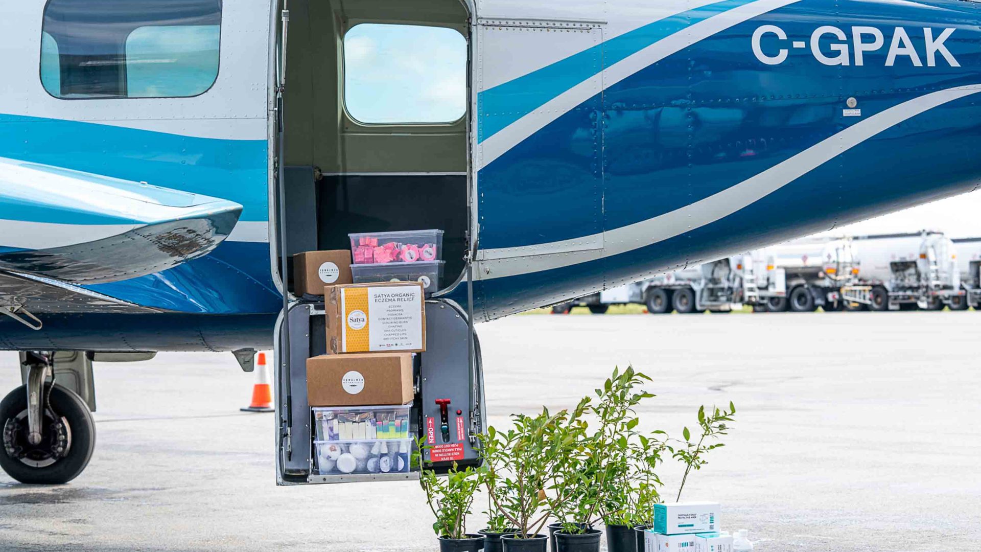 Boxes and plants sit ready to be boarded onto an Iskwew Air flight.