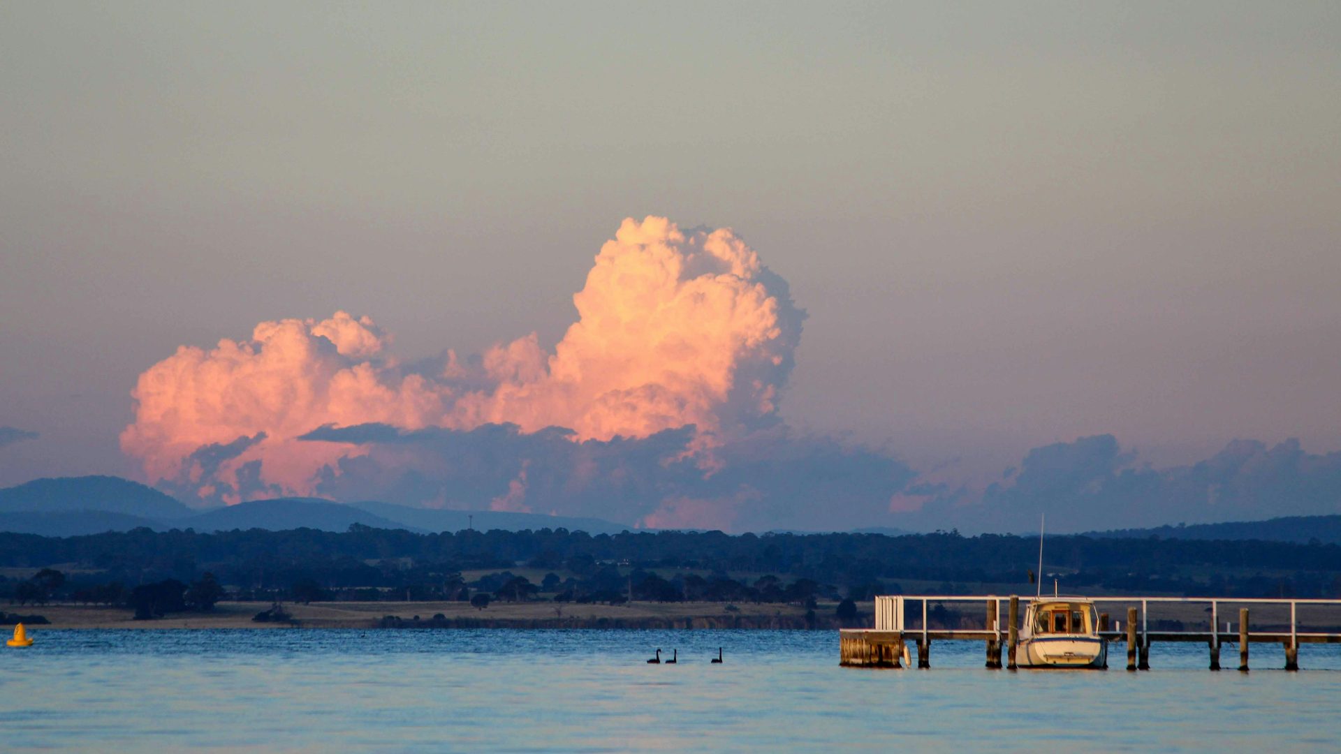 Pink clouds at sunset over a lake