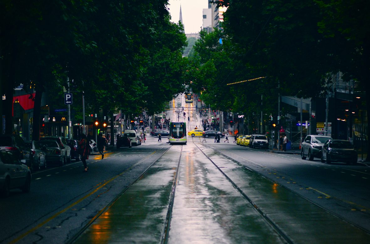 A street in Melbourne with an oncoming tram