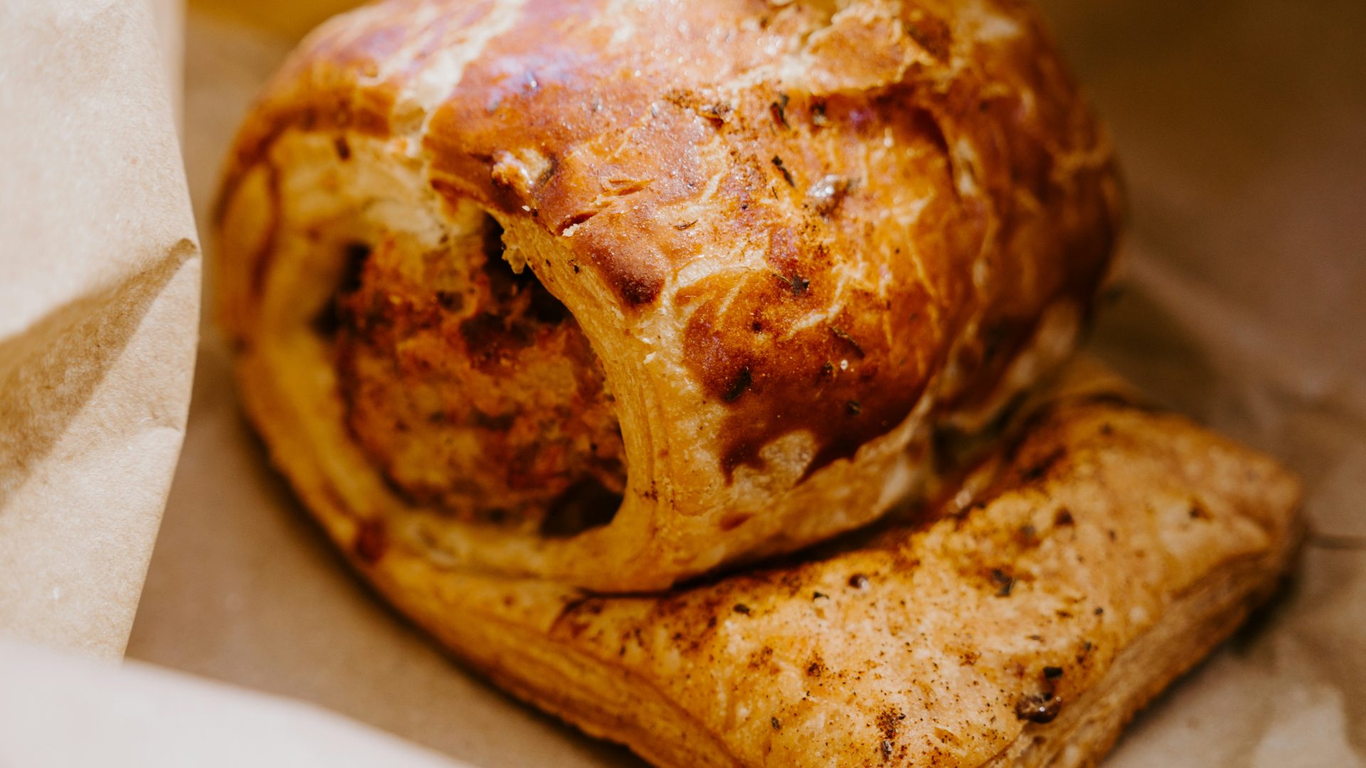 A close-up of a sausage roll