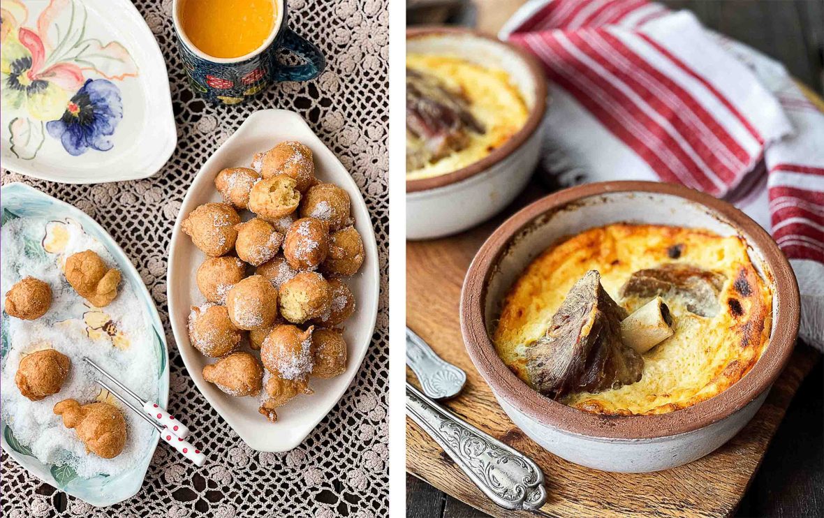 Left: A plate of petulla on a table with tea. Right: A casserole of yogurt, eggs and garlic, hiding chunks of lamb under its crust