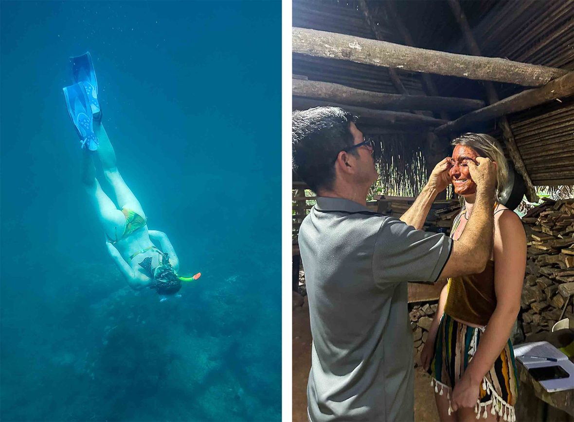 Left: Monica freediving Right: Ronald applies a chocolate face mask during the chocolate tour.