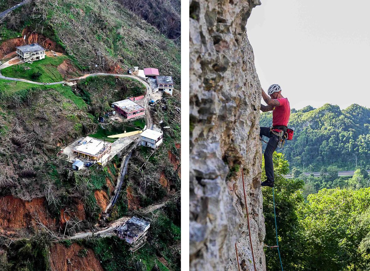 Left: A town flattened largely by a hurricane, with fallen trees and landslide mud. Right: A man climbs a rock wall.