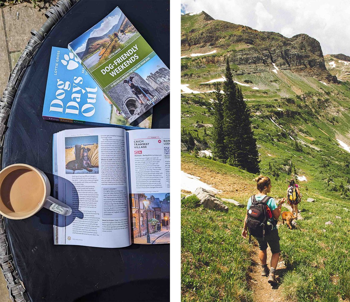 Left: Two books on a table with a cup of coffee. Right: Two people hike through hills with a dog.