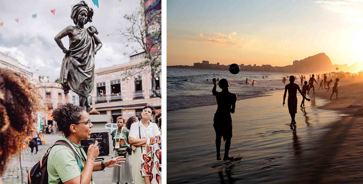 Left: Lua explaining a sculpture to a group of tourists. Right: People on the beach at sunset in Rio.