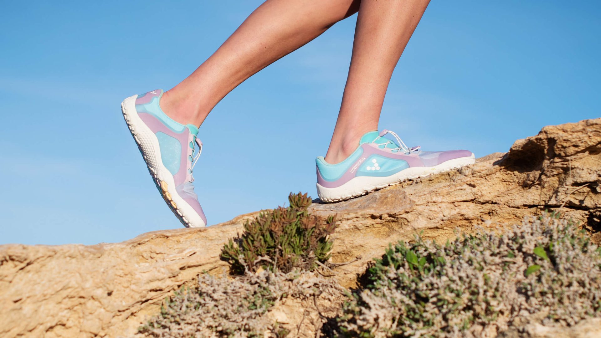 A closeup of a person wearing purple and blue sneakers, walking up a hill.