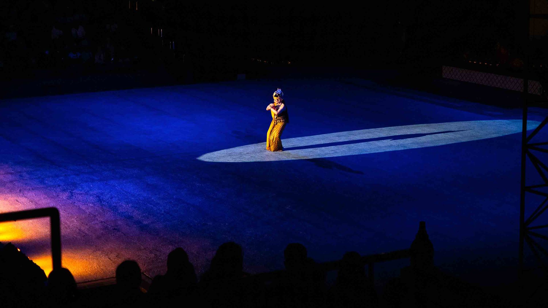 A woman does ballet under blue light.