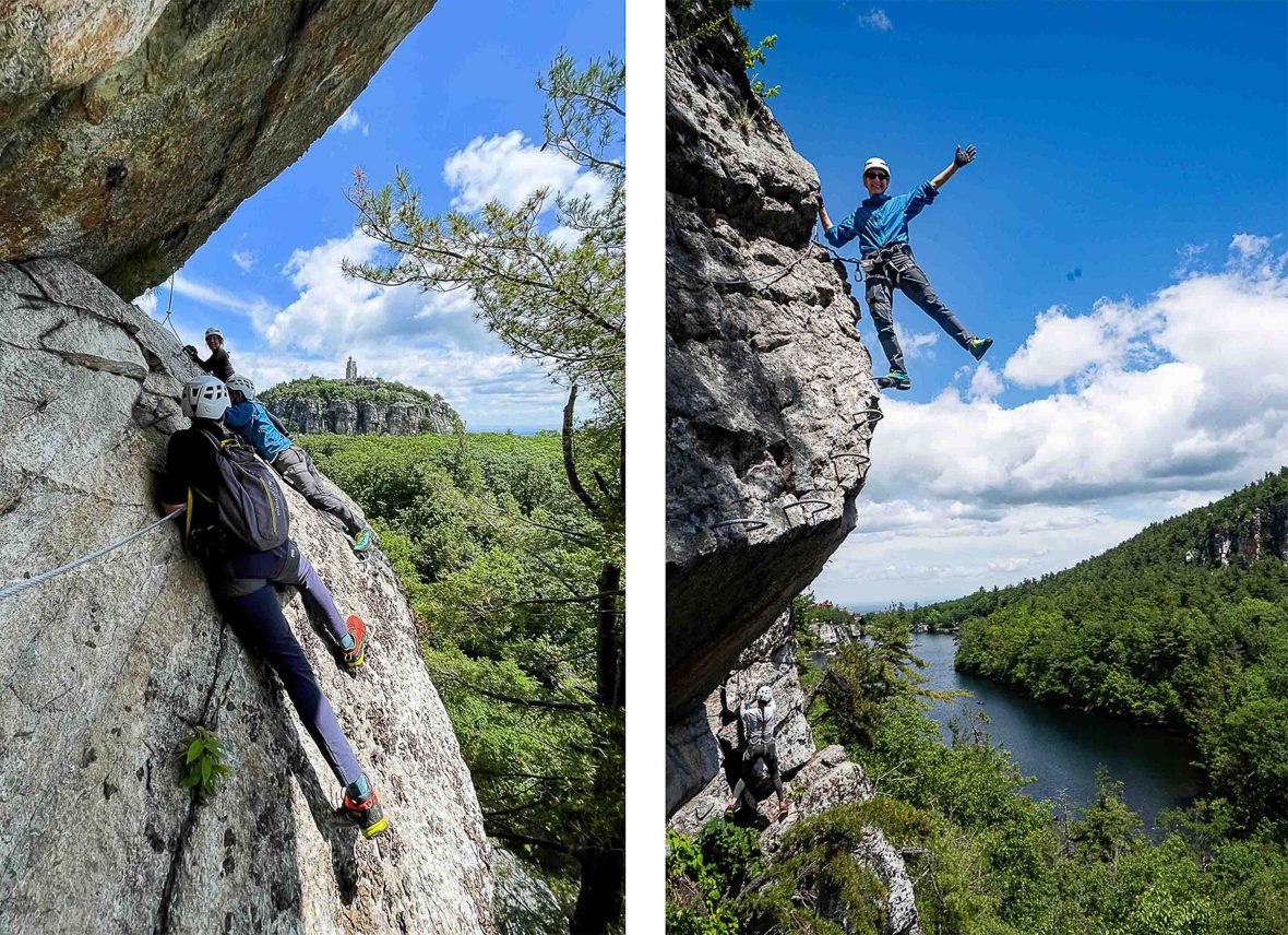 Two photos showing a woman rock climbing.