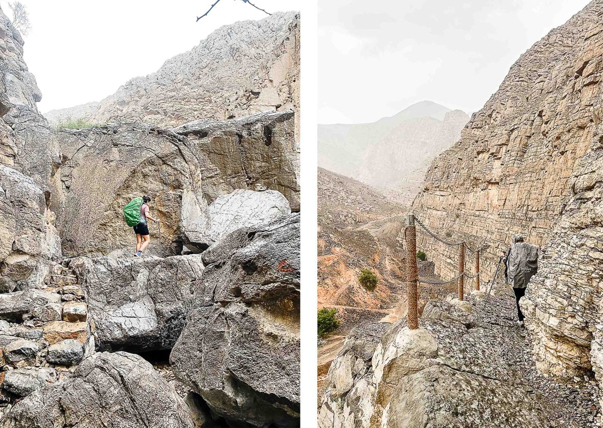 Two photos of people crossing narrow parts of the trail.