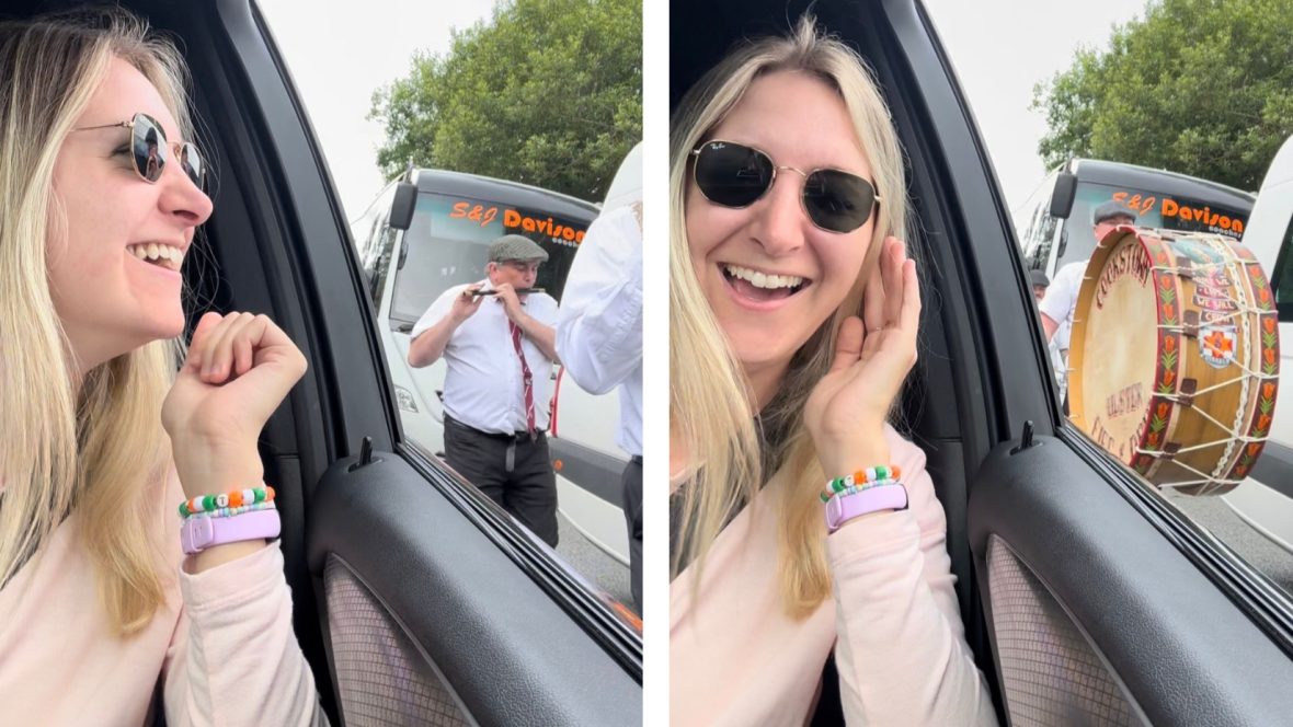 Two selfies of a blonde woman in sunglasses in the backseat of a car, with a parade visible in the background through her window.