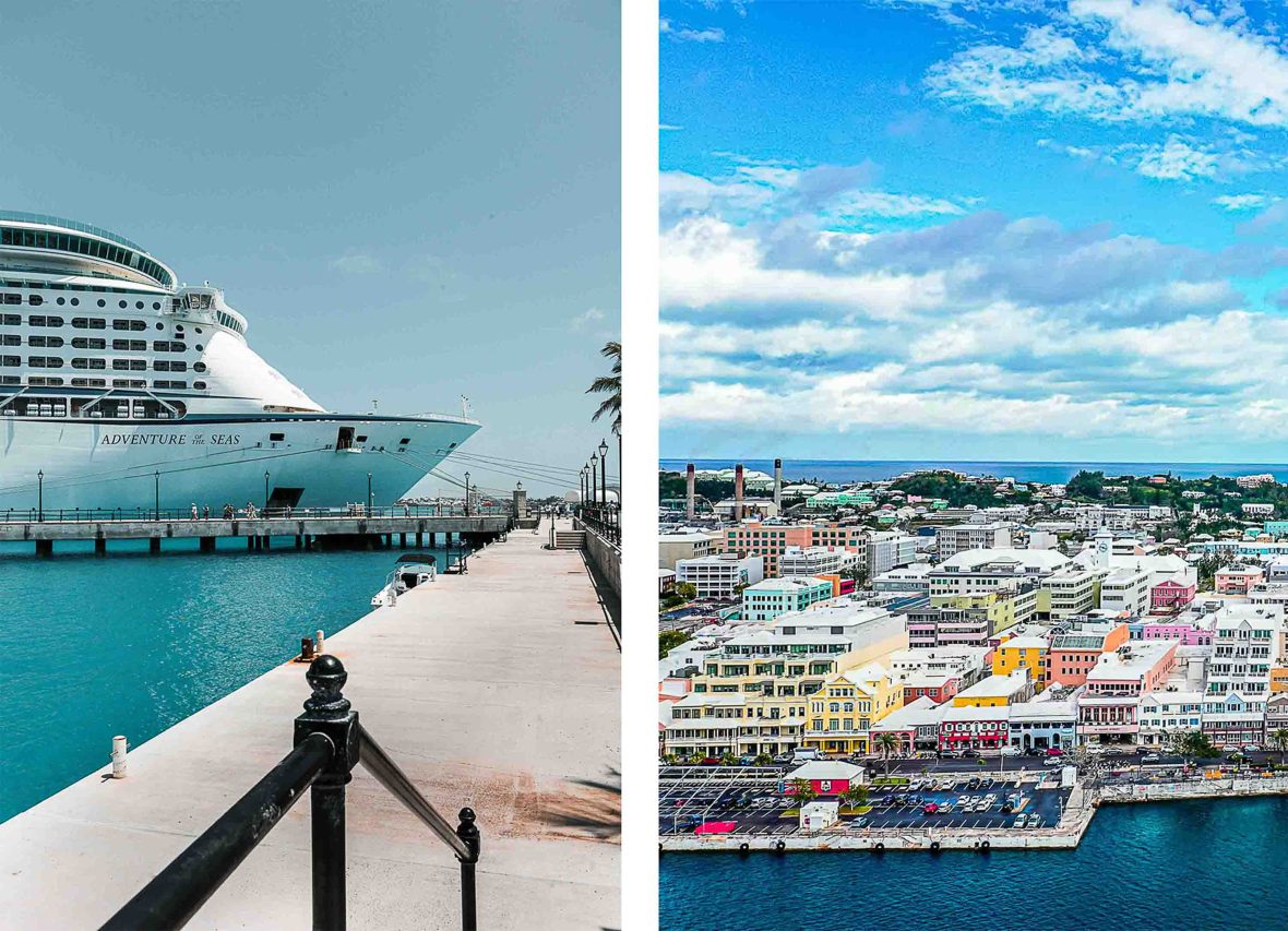 Left: A cruise ship at a port. Right: An aerial photo of colourful buildings and water.