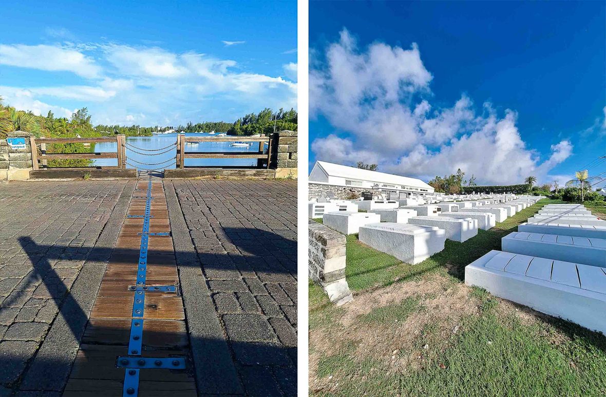 Left: A narrow draw bridge. Right: White graves at a graveyard.