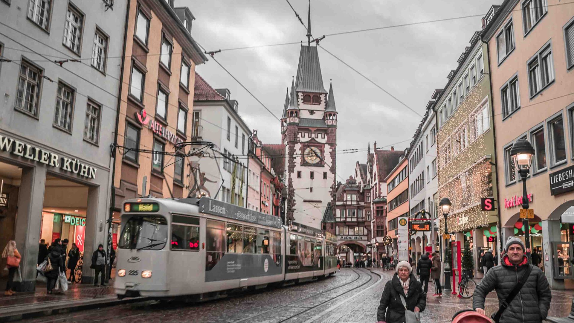 A tram runs through the centre of Freiburg.