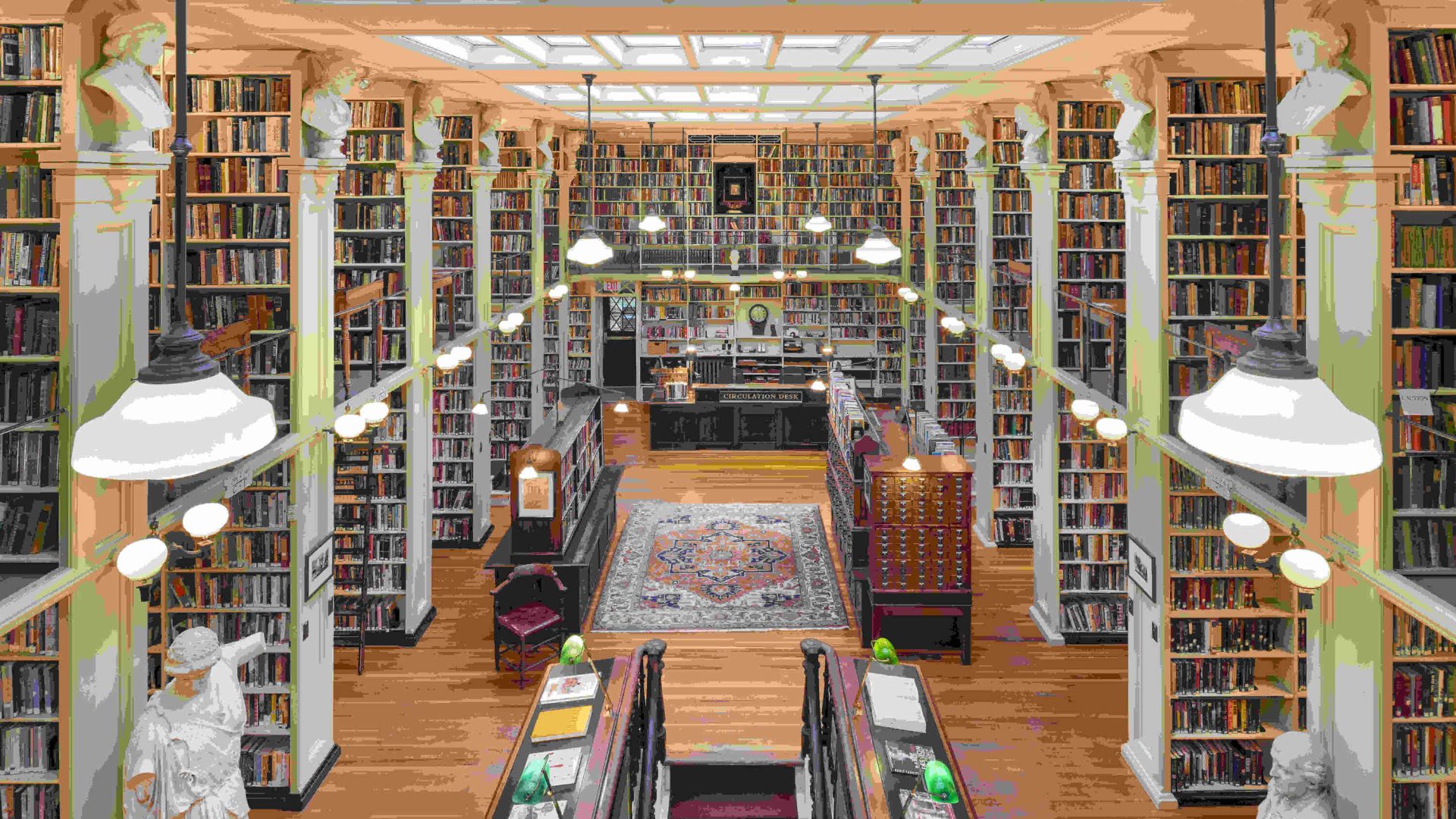 A library with floor-to ceiling bookshelves and a long row of bright skylights.