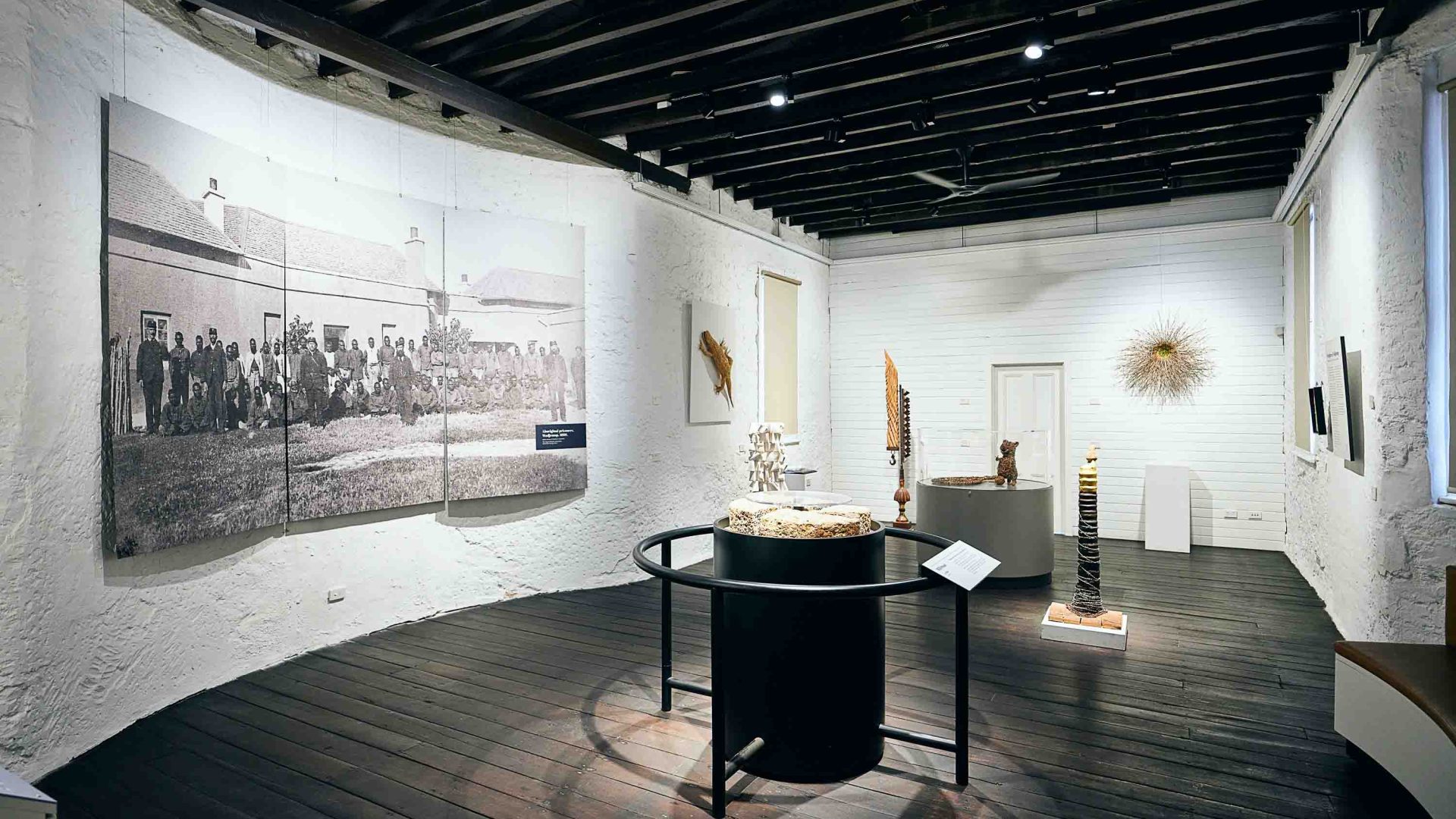 The interior of a museum, showing exhibits.