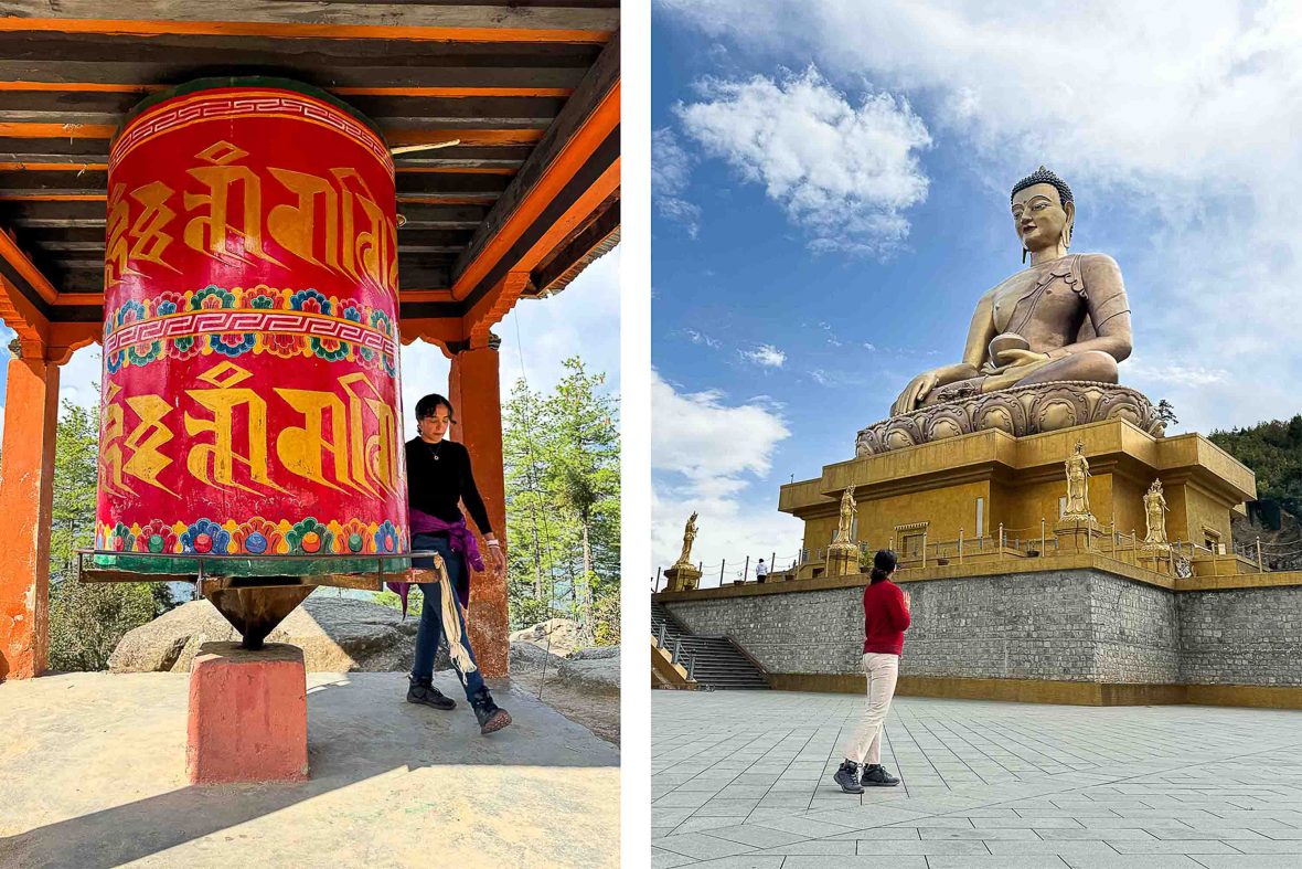 Left: The writer spins a prayer wheel. Right: A statue of Buddha.