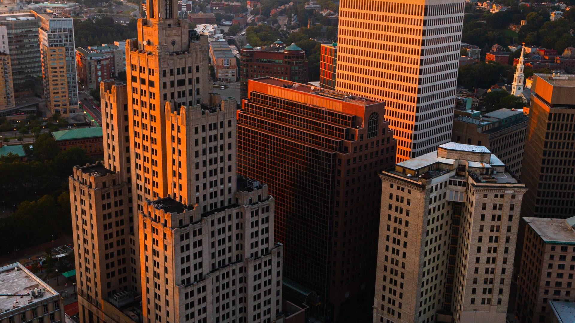 Downtown Providence viewed from the air, with the art deco Superman Building in the foreground.