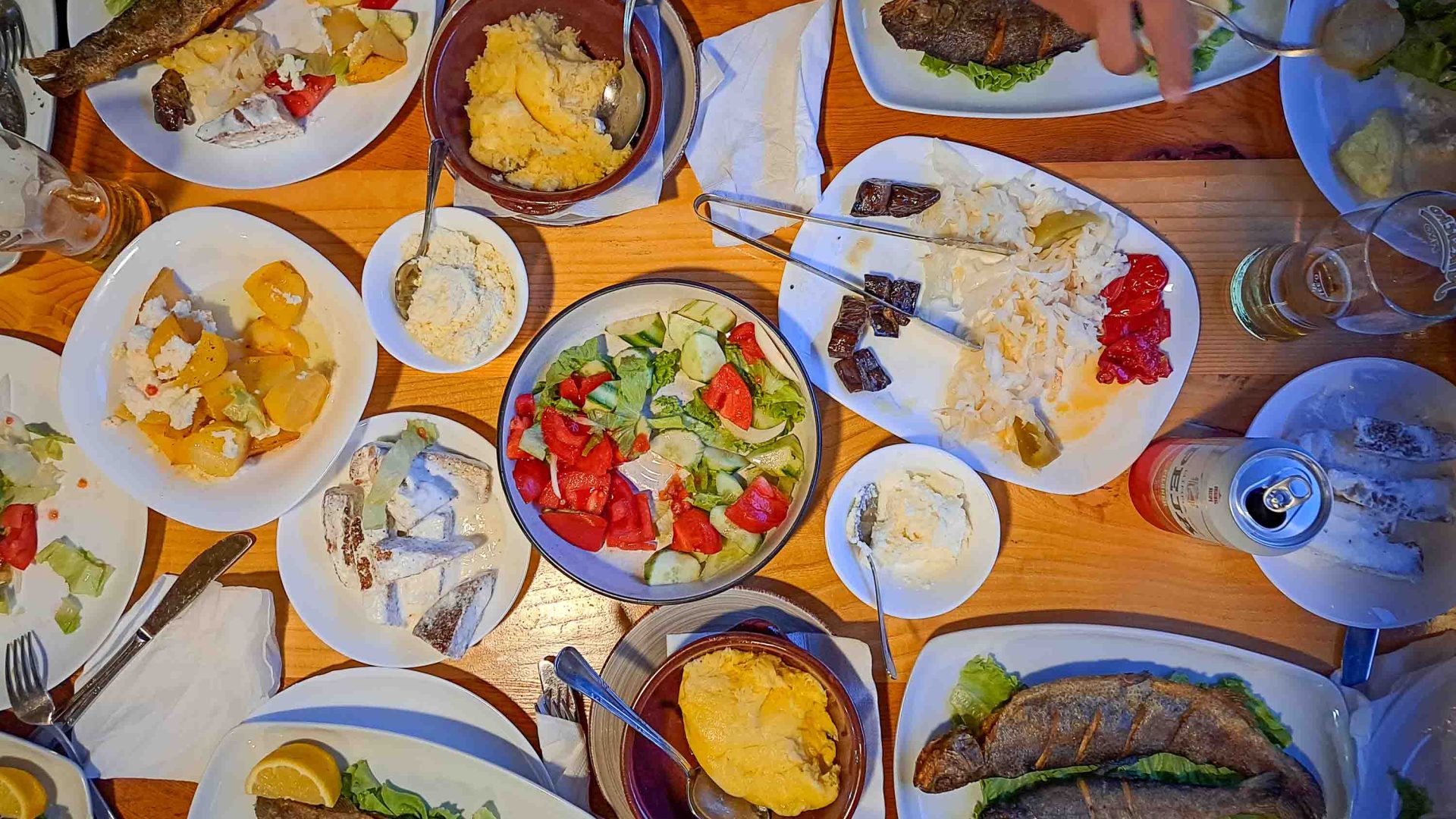 Looking down at an array of dishes.