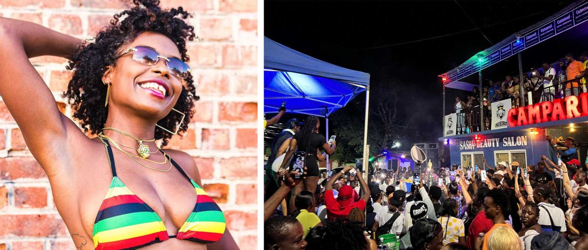 Left: Raquel Monteith in sunglasses and a red yellow, green and black bikini top. Right: Hundreds of people dancing.