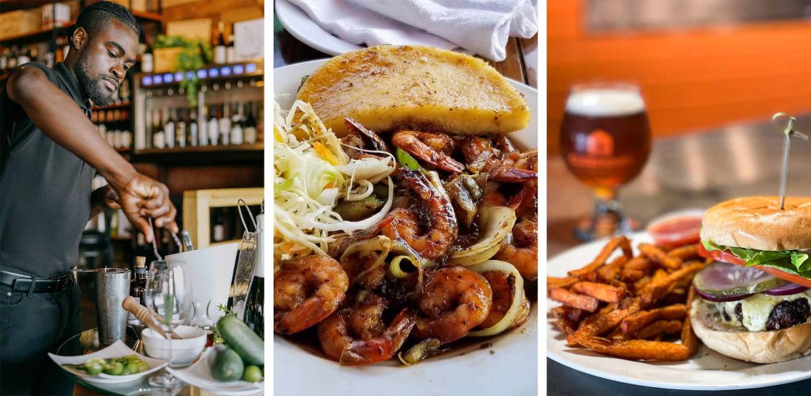 Left: A bartender prepares a cocktail. Centre: A beer and a burger. Right: A plate of shrimp.