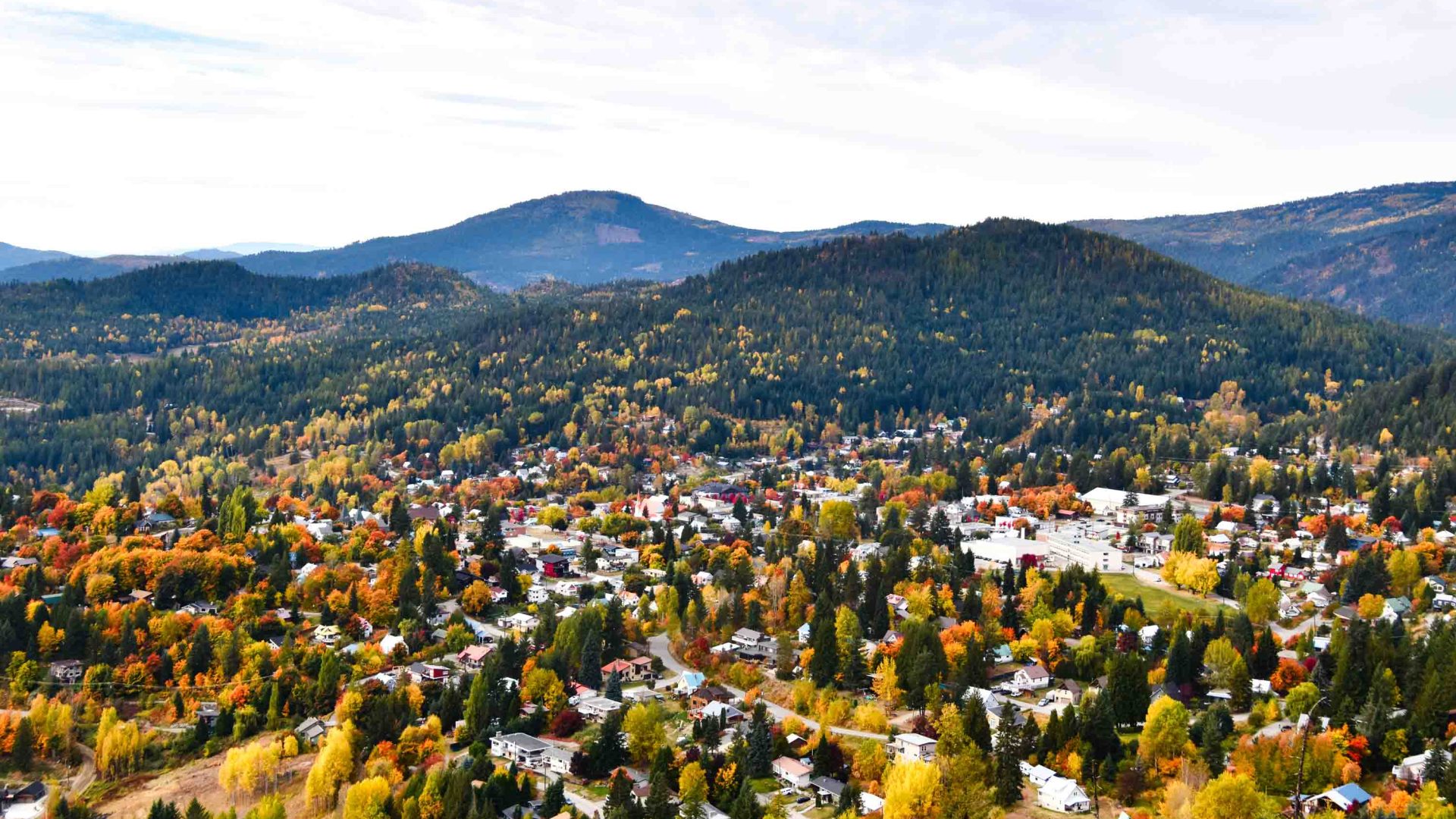 Looking down at a town in amongst trees and mountains.