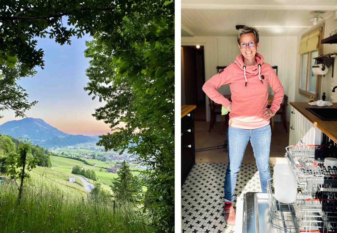 Left: A view down over a green valley at sunset. Right: A woman stands next to a dishwasher.