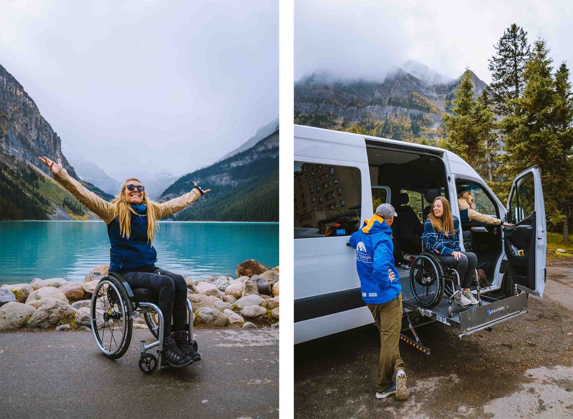 Left: A woman in a wheelchair raises her arms in a happy gesture in front of a blue lake. Right: A woman in a wheelchair exits a white van.