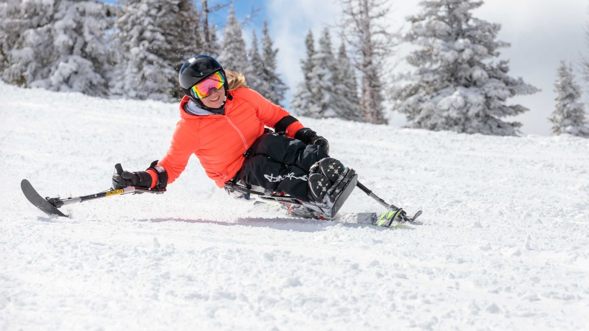 A person on a sit ski skis down a hill.