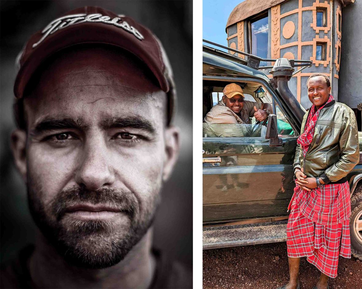 Left: A portrait of a man in a hat with a serious expression. Right: A man in traditional Maasai clothing stabds and smiles with a man in a landcruiser who is leaning out the window.