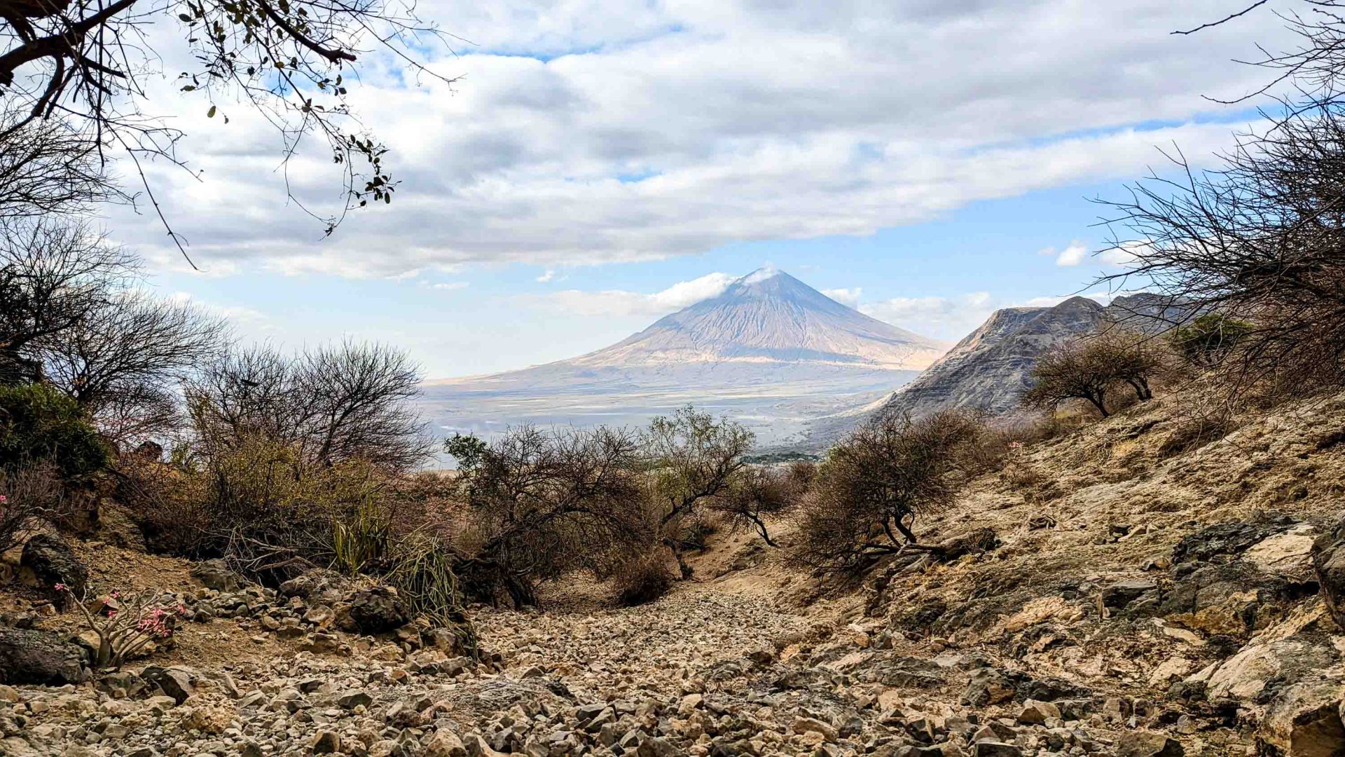 A volcano is seen in the distance. An arid desert landscape makes up the foreground.