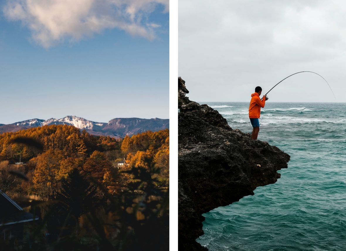 Nagano mountains captured in the daytime, and a fishermen with a rod over Okinawa waters