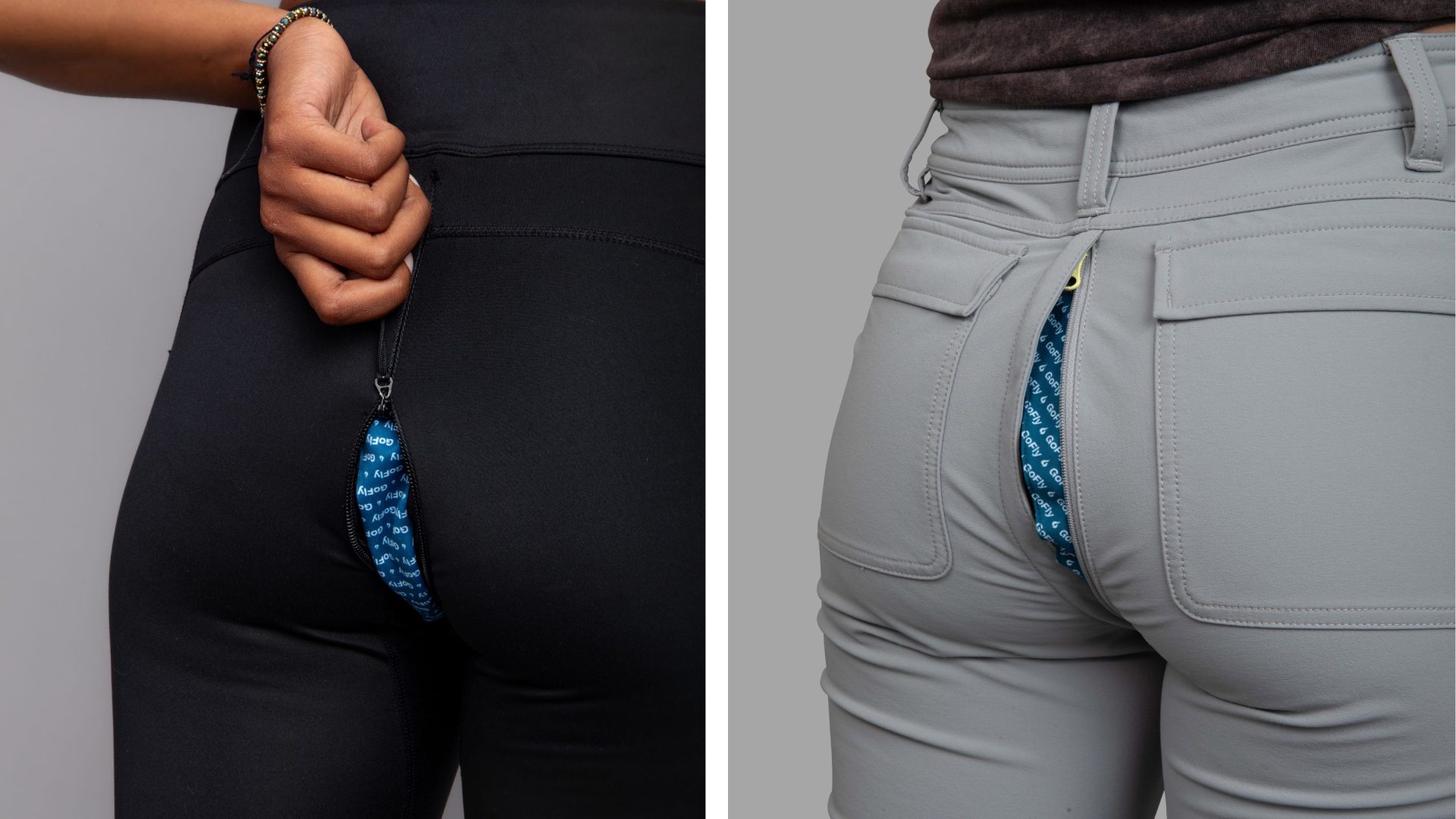 Two images of hiking leggings (left) and trousers (right). The wearers are unzipping zippers hidden in the back center seam of the pants.