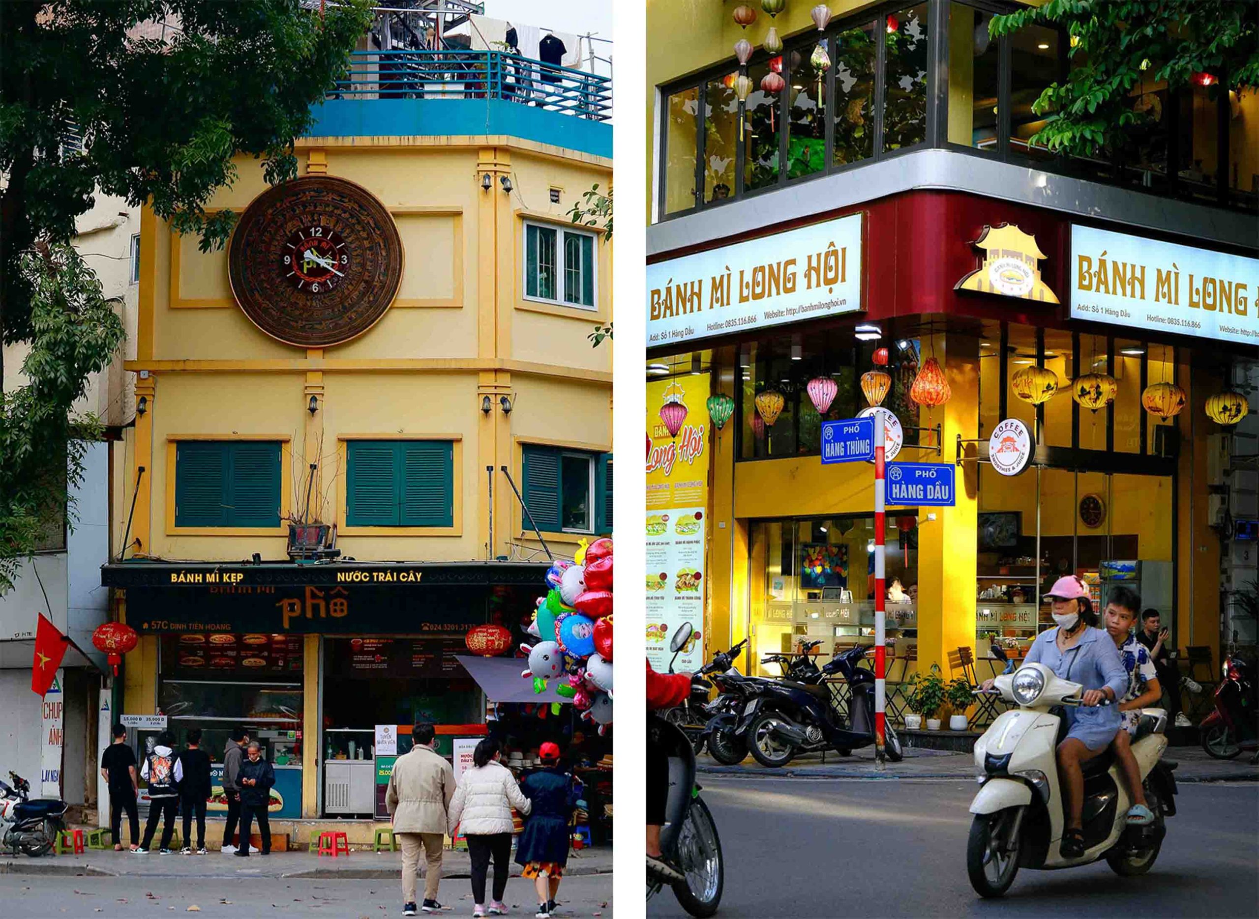 Two different bahn mi cafes, each set in a street surrounded by traffic and people.