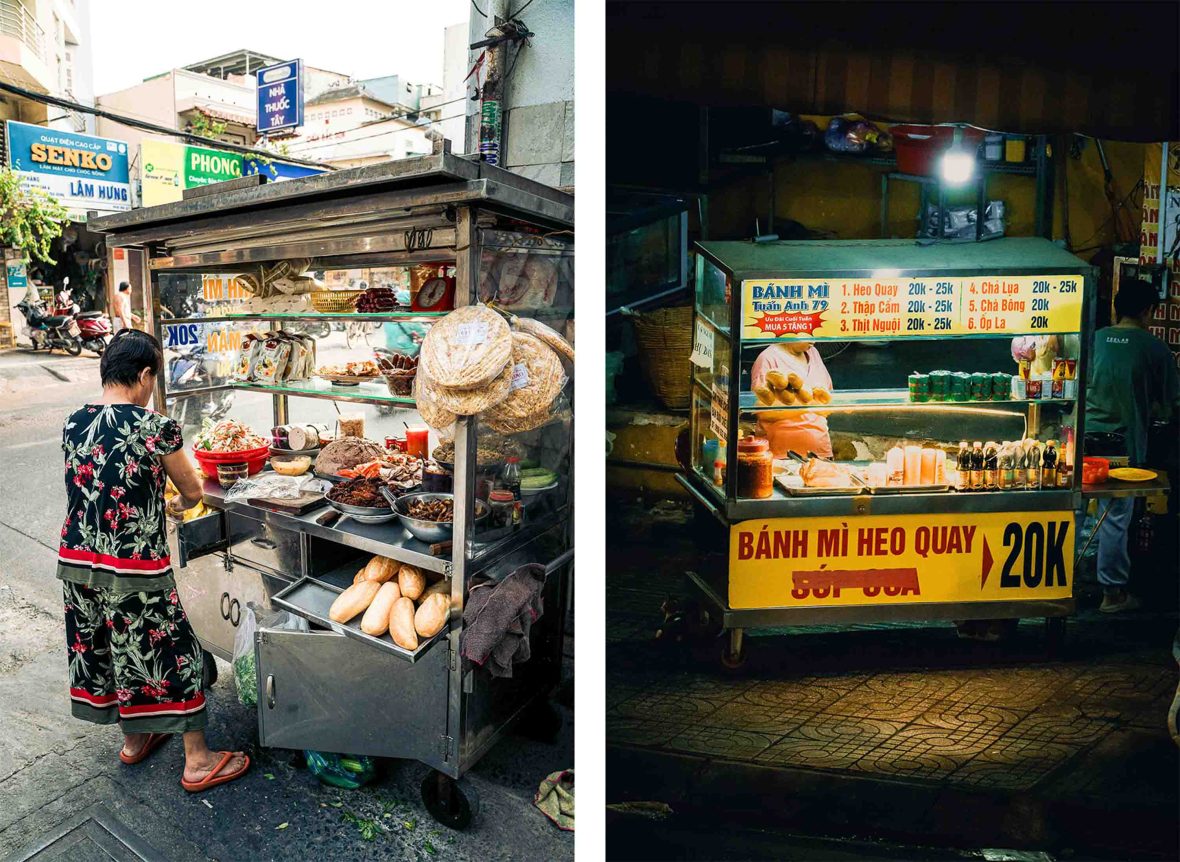 Two different bahn mi stalls on the street.