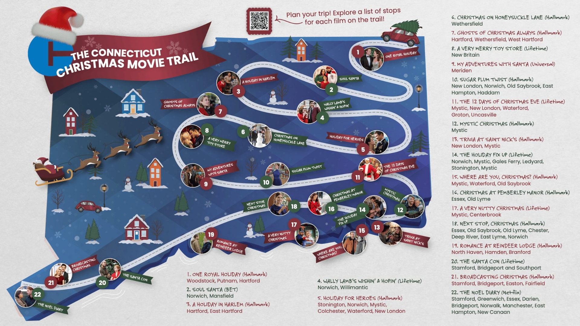 Illustrated map of the Connecticut Christmas Movie Trail.