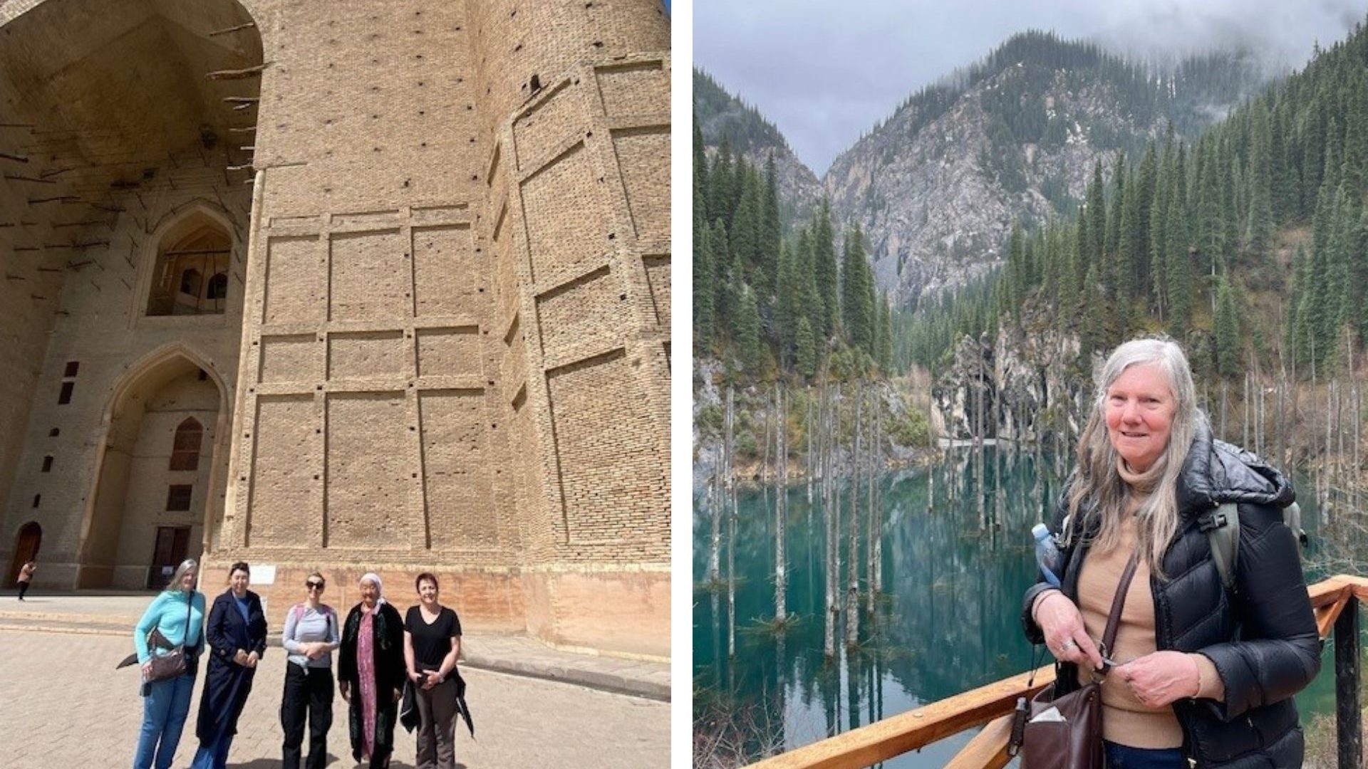 Left: A woman stands with a group in front of an imposing building; Right: A woman smiles against a mountain and lake backdrop