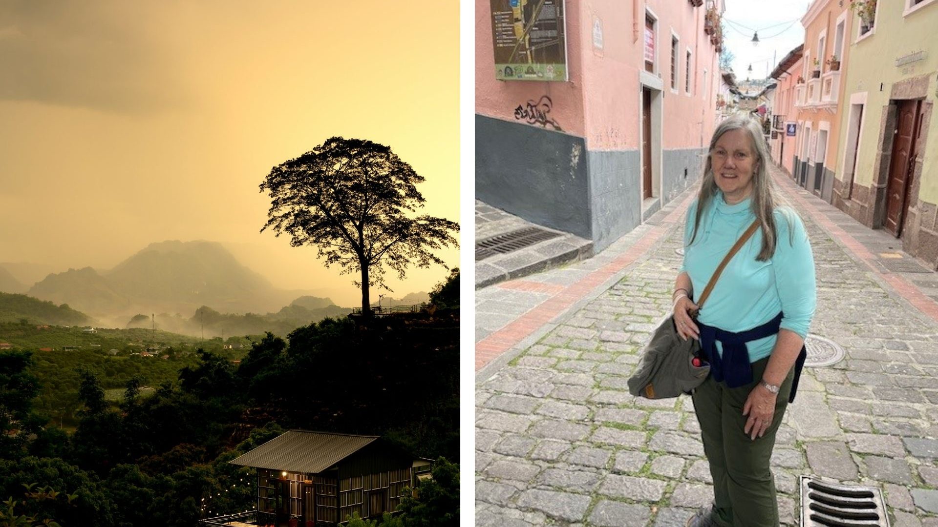 Left: A sunset scene in Vietnam; Right; A woman standing on a street in Portugal