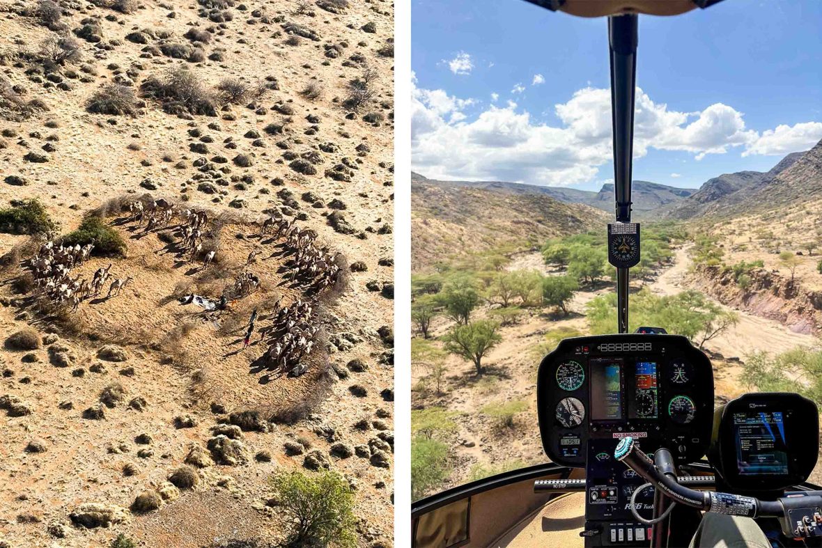 Left: An aerial view of people and camels. Right: Looking out at a valley from inside a helicopter who's controls are visible.